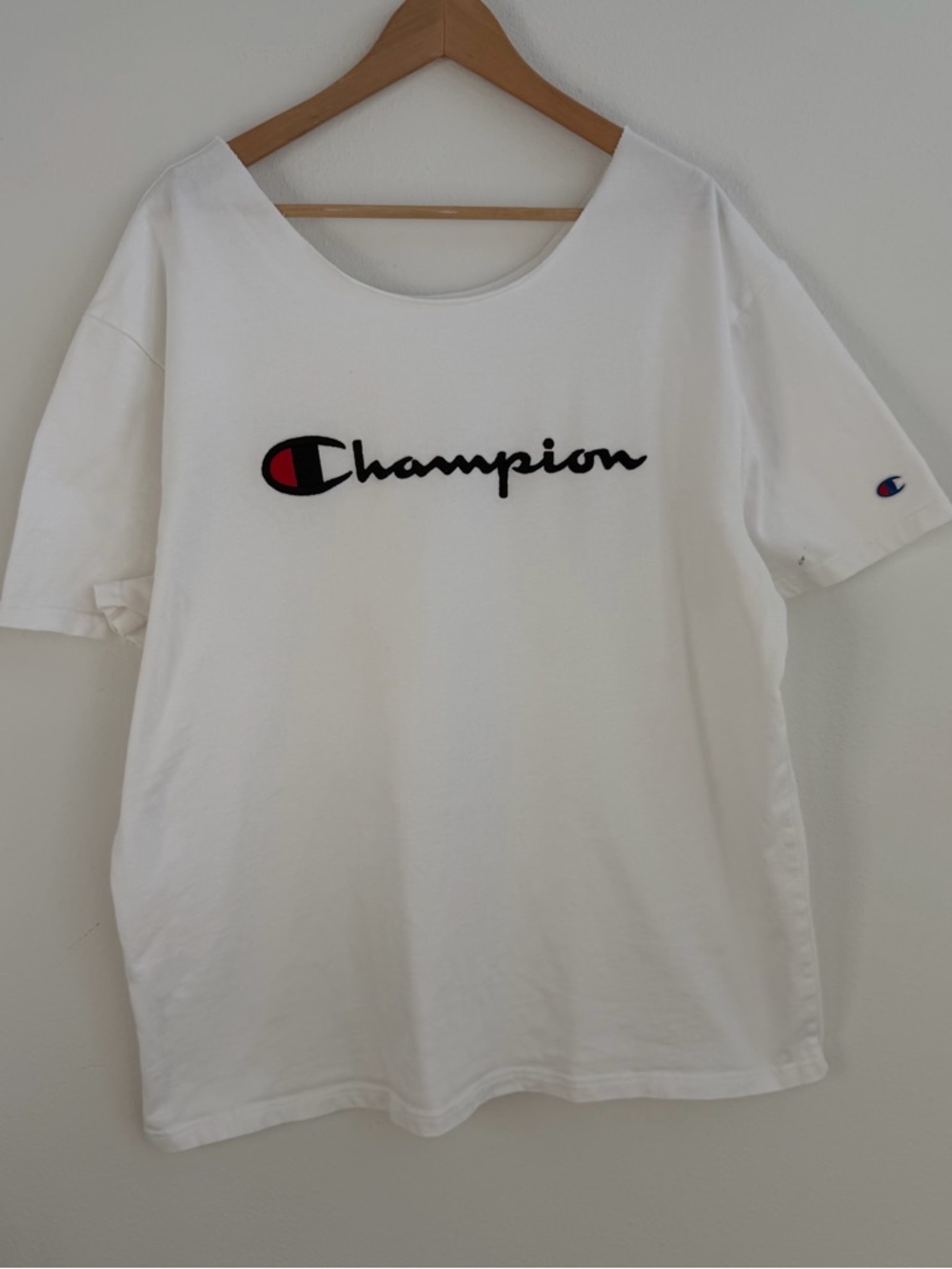 Champion white off-the-shoulder oversized t-shirt